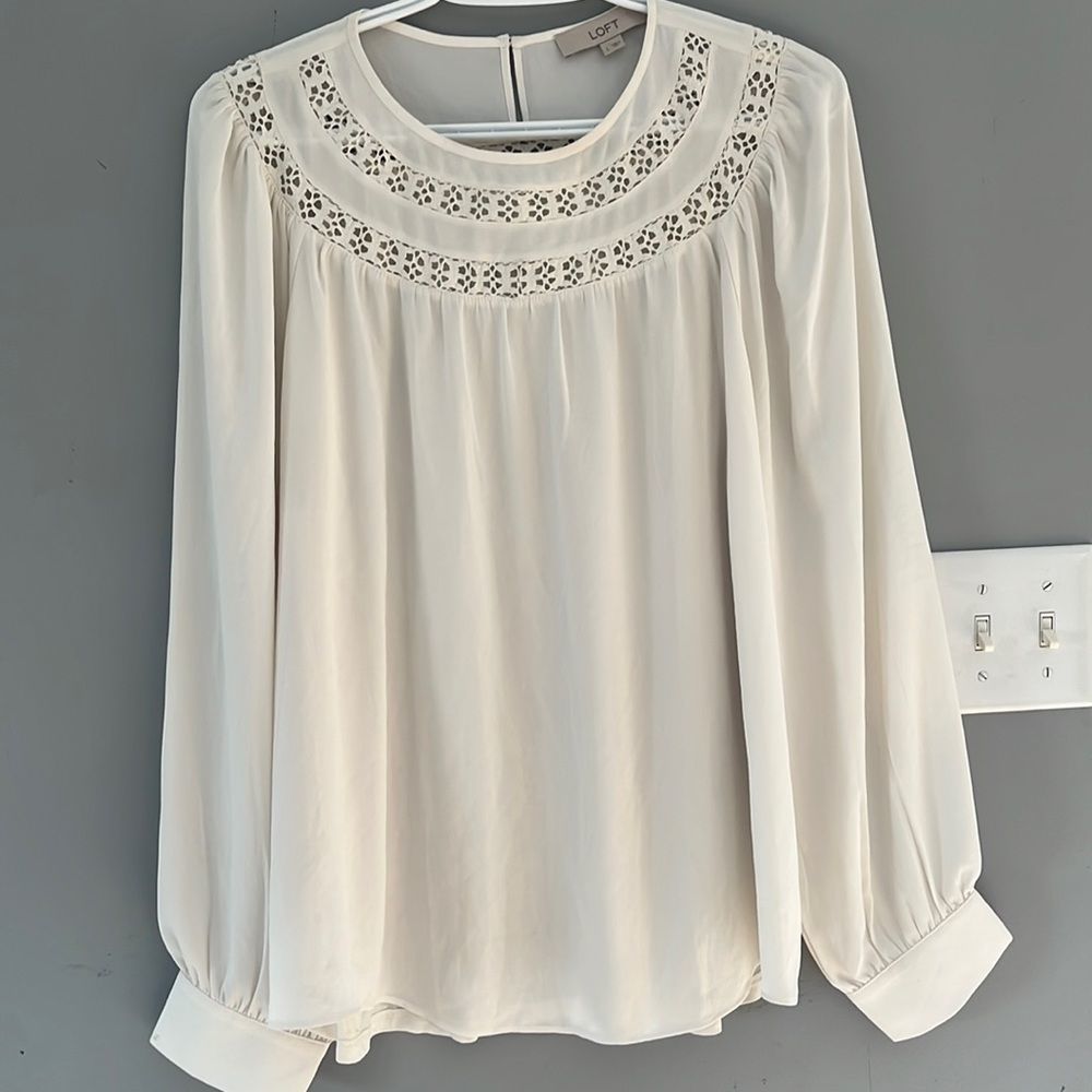 LOFT Women's Cream Long-Sleeve Lace Yoke Blouse